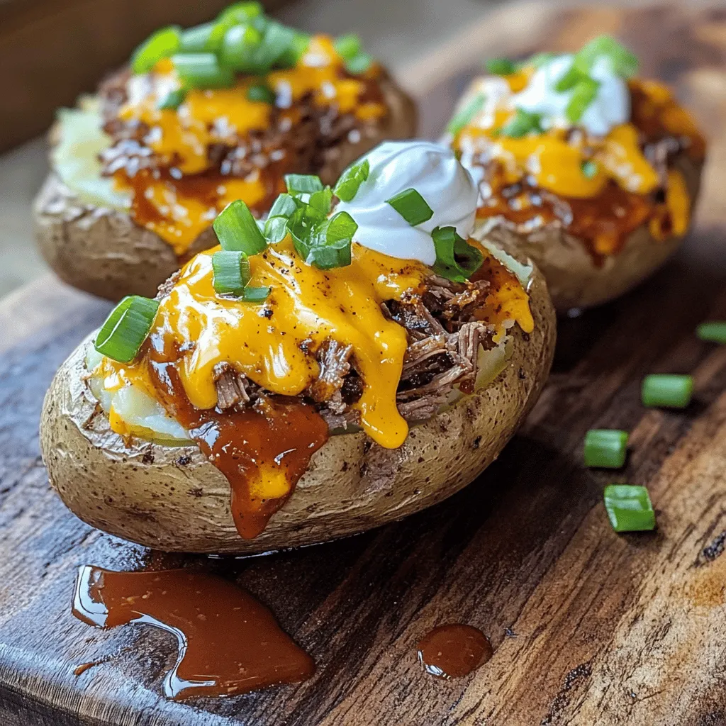 When making a brisket baked potato, you want the right ingredients. Start with large russet potatoes. They have the perfect texture for baking. You will also need cooked brisket, chopped into small pieces. This gives your dish a hearty base. Shredded cheddar cheese adds richness, and sour cream brings creaminess. Green onions provide a fresh crunch. You can also use olive oil for rubbing the potatoes. Smoked paprika gives a nice flavor kick, while salt and pepper enhance everything. If you like, drizzle some barbecue sauce on top for extra taste.