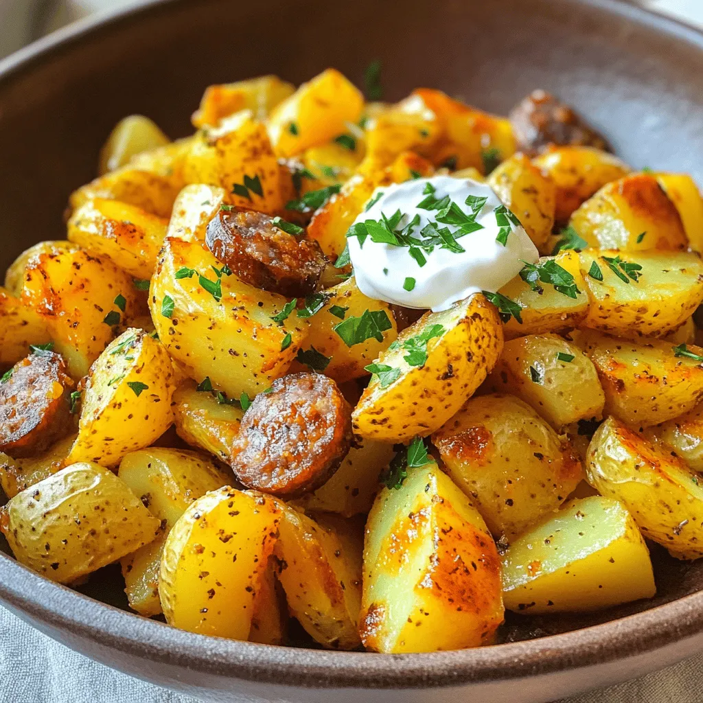 - 4 medium potatoes, peeled and diced - 8 oz smoked Polish sausage, cut into half-moons - 1 onion, finely chopped - 2 cloves garlic, minced - 2 tablespoons vegetable oil - 1 tablespoon paprika - 1 teaspoon dried thyme - Salt and pepper to taste - Fresh parsley, chopped (for garnish)
