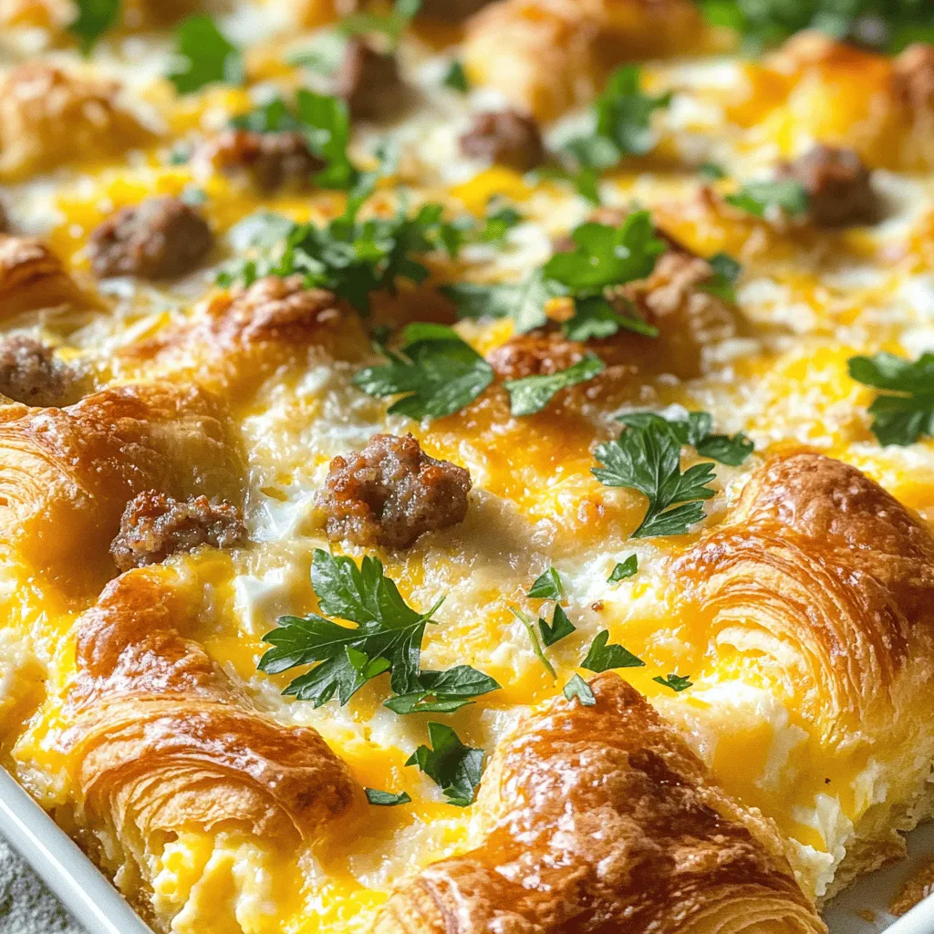 - 6 large croissants, cut into bite-sized pieces - 1 cup shredded cheddar cheese - 1 cup shredded mozzarella cheese - 8 large eggs - 1 cup milk - 1/2 teaspoon garlic powder - 1/2 teaspoon onion powder - 1/4 teaspoon salt - 1/4 teaspoon black pepper - 1/2 cup cooked and crumbled breakfast sausage (optional) - 1/4 cup chopped fresh parsley (for garnish)