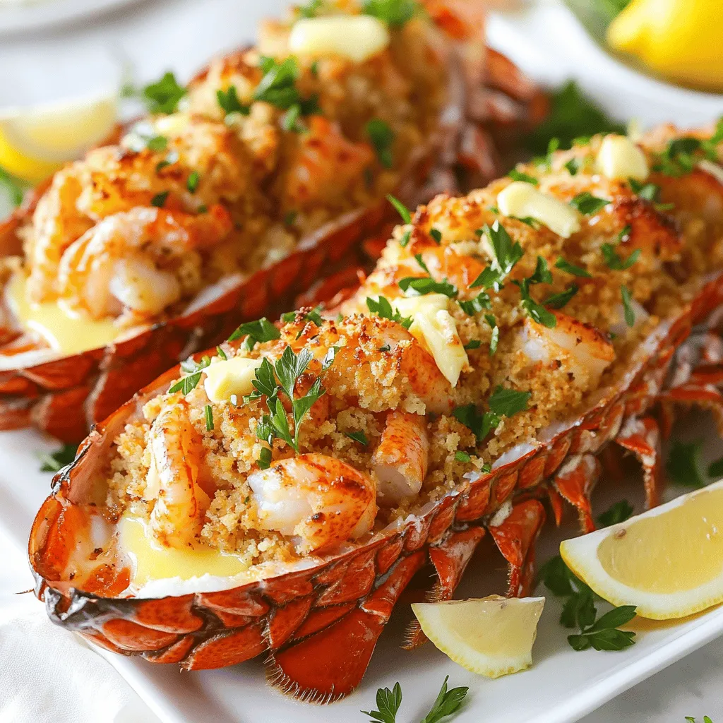 - 2 large lobster tails - 1 cup breadcrumbs (preferably panko) - 1/2 cup cooked shrimp, finely chopped - 1/4 cup grated Parmesan cheese - 1/4 cup cream cheese, softened - 2 tablespoons unsalted butter, melted - 2 cloves garlic, minced - 2 tablespoons fresh parsley, chopped - 1 tablespoon lemon juice - 1 teaspoon Old Bay seasoning - Salt and pepper to taste