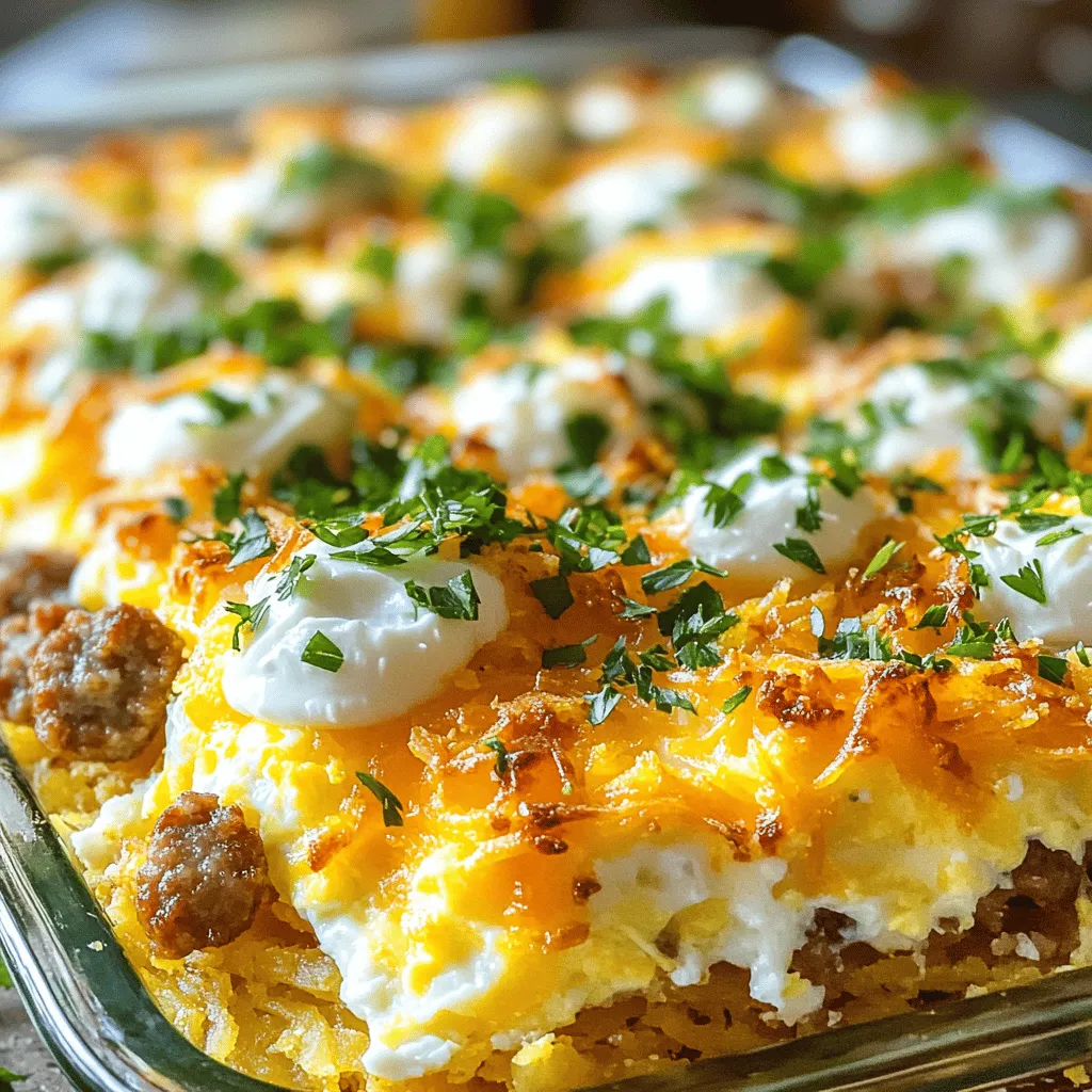 - 1 pound breakfast sausage - 10 oz frozen hash browns - 8 oz cream cheese - 6 large eggs - 1 cup shredded cheddar cheese