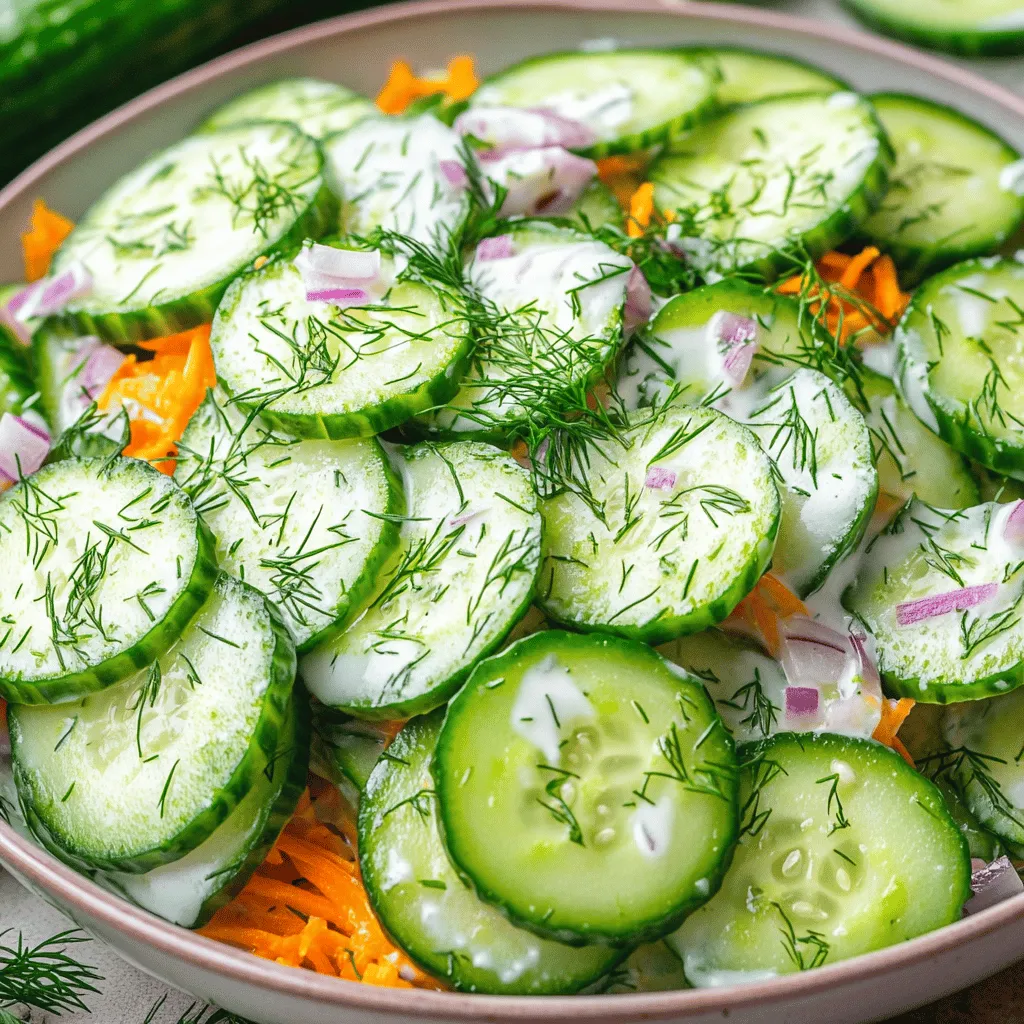 To make this creamy cucumber and carrot salad, you will need: - 2 cucumbers, thinly sliced - 2 large carrots, grated - 1 cup plain Greek yogurt - 2 tablespoons olive oil - 1 tablespoon apple cider vinegar - 1 teaspoon garlic powder - 1 teaspoon dill weed (fresh or dried) - Salt and pepper to taste - 1 tablespoon fresh lemon juice - ¼ cup red onion, finely chopped - 1 tablespoon honey (optional, for sweetness)