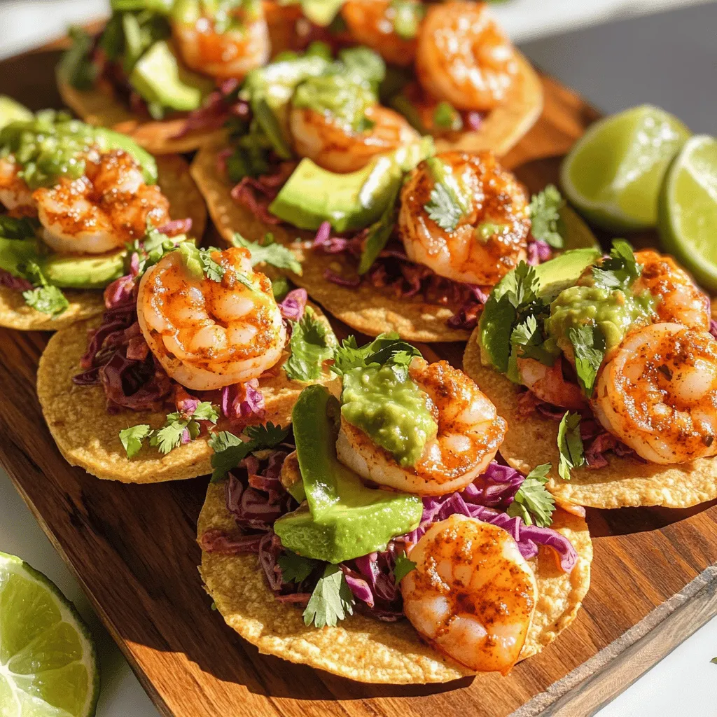 To make tasty spicy shrimp tostadas, you need some key ingredients. The main star is shrimp. Use one pound of large shrimp that are peeled and deveined. This shrimp will soak up all the flavors.