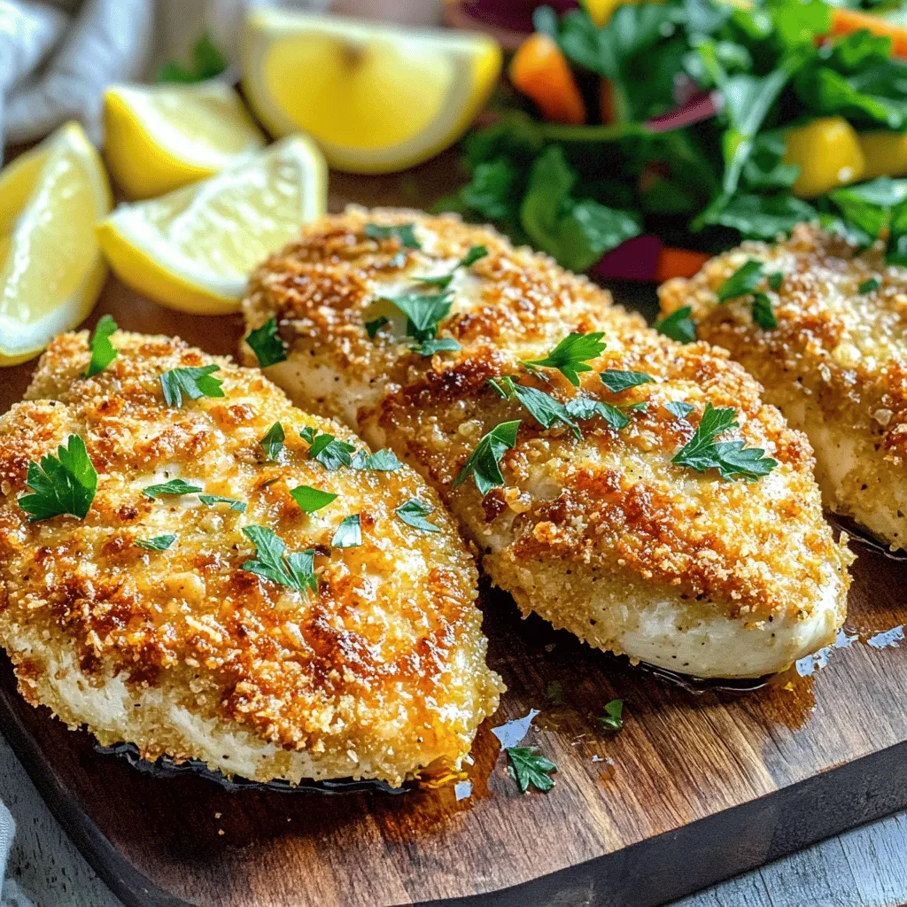 - 4 boneless, skinless chicken breasts - 1 cup panko breadcrumbs - 1/2 cup grated Parmesan cheese - 4 cloves garlic, minced - 1 teaspoon dried Italian herbs - 1 teaspoon paprika - 1/2 teaspoon salt - 1/4 teaspoon black pepper - 1/4 cup fresh parsley, for garnish - 2 large eggs - 2 tablespoons olive oil