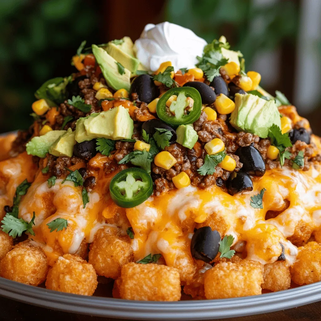 Loaded tater tot nachos, or totchos, blend the best of both worlds. They mix crispy tater tots with all your favorite nacho toppings. This dish is fun, tasty, and perfect for sharing.