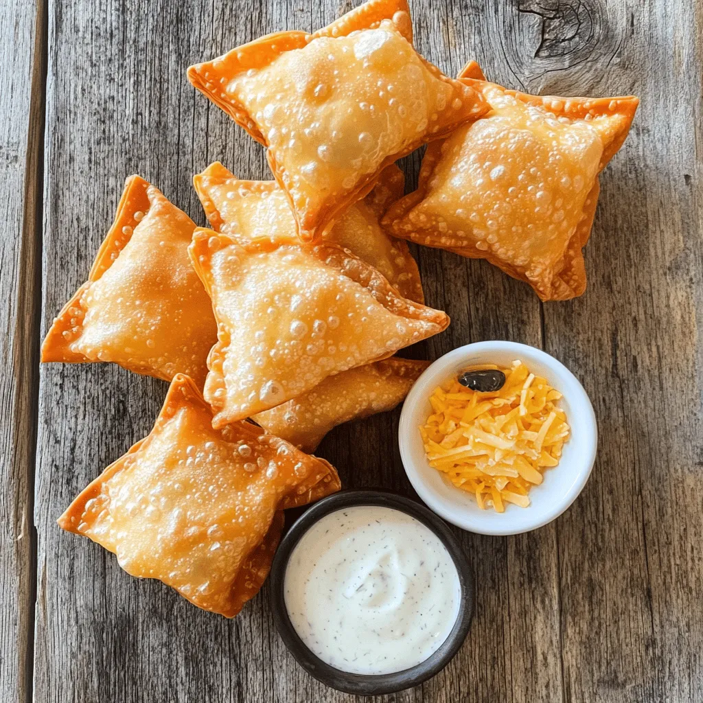 To make jalapeno popper wontons, gather these ingredients. You need one cup of softened cream cheese, half a cup of shredded cheddar cheese, and a quarter cup of diced jalapenos. Add a quarter teaspoon each of garlic powder and onion powder. Season with salt and pepper to taste. You also need a package of wonton wrappers, one beaten egg for sealing, and oil for frying if you choose that method.