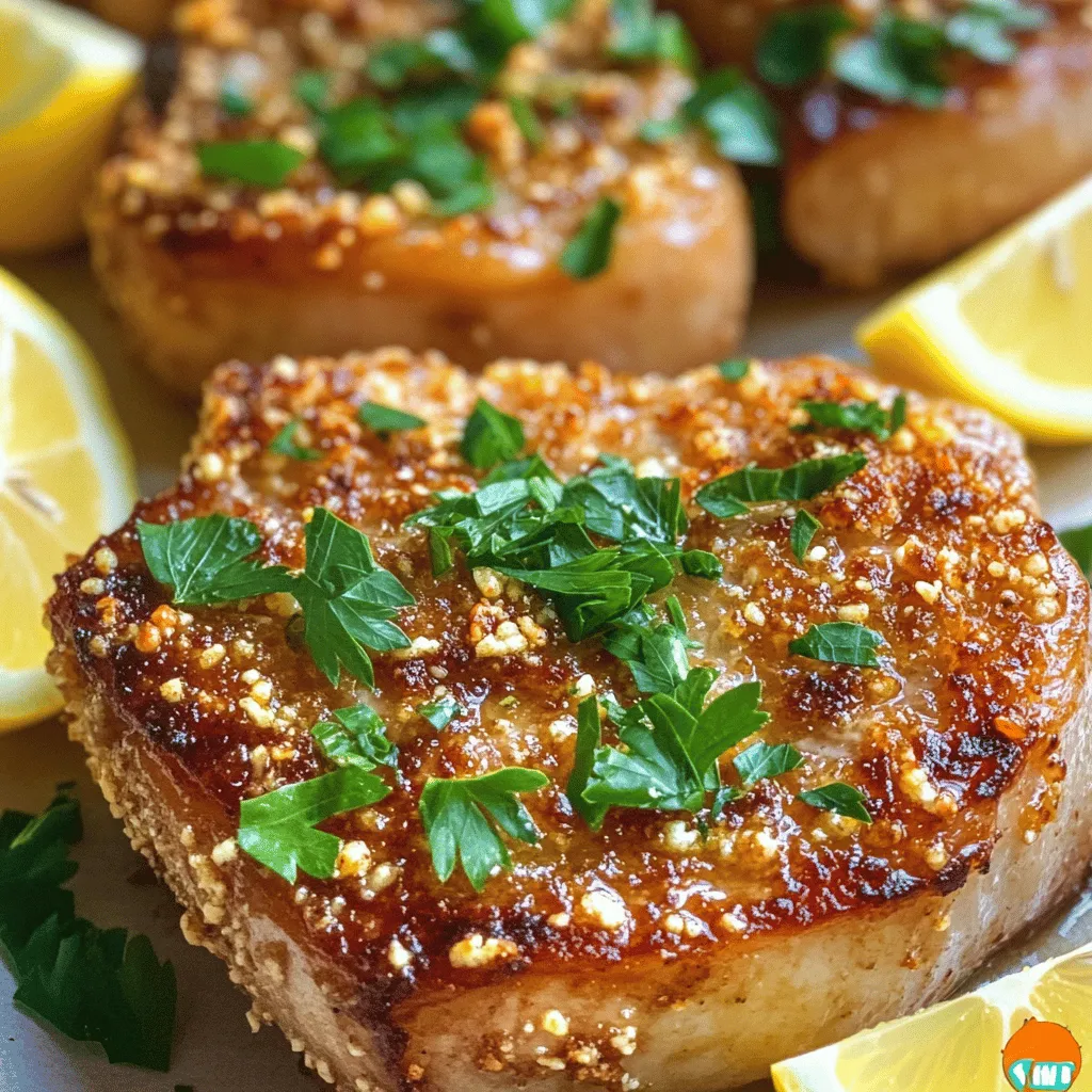 - 4 bone-in pork chops (about 1 inch thick) - 1 tablespoon olive oil - 4 cloves garlic, minced - 1 cup grated Parmesan cheese