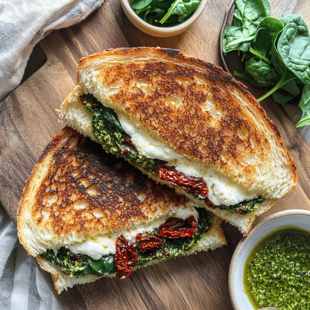 - 4 slices of sourdough bread - 1 cup ricotta cheese - 1 cup fresh spinach, chopped - 1/2 cup sun-dried tomatoes, chopped (packed in oil) - 1/2 cup mozzarella cheese, shredded - 2 tablespoons pesto - 2 tablespoons olive oil - Salt and pepper to taste - Optional: Fresh basil leaves