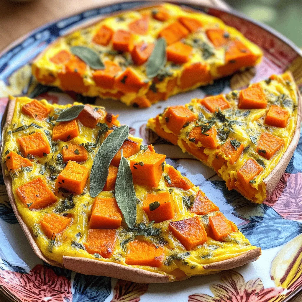 To make this cozy frittata, gather the following ingredients: - 5 large eggs - 1 cup cooked sweet potatoes, cubed - 1/2 cup milk (or plant-based milk) - 1/2 cup shredded cheddar cheese - 1/4 cup red bell pepper, diced - 1/4 cup onion, diced - 1 tablespoon fresh sage, chopped (or 1 teaspoon dried sage) - Salt and pepper to taste - Olive oil for sautéing