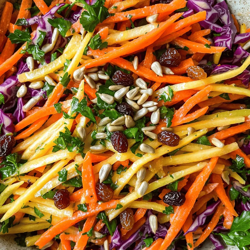 To make a great raw carrot salad, you need fresh carrots. I suggest using three large heirloom carrots in different colors. This adds a beautiful look and taste. Choose orange, purple, and yellow for a rainbow effect. Julienning them makes them easy to eat and enhances their crunch.