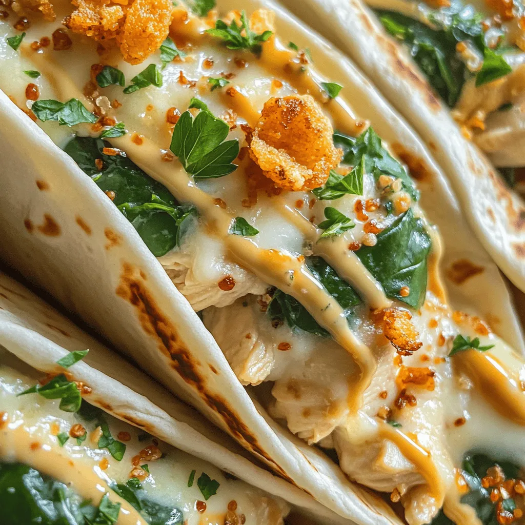 - 1 lb boneless, skinless chicken breasts, diced - 2 cups shredded mozzarella cheese - 1 cup fresh spinach, chopped - 1/2 cup cream cheese, softened - 4 large flour tortillas