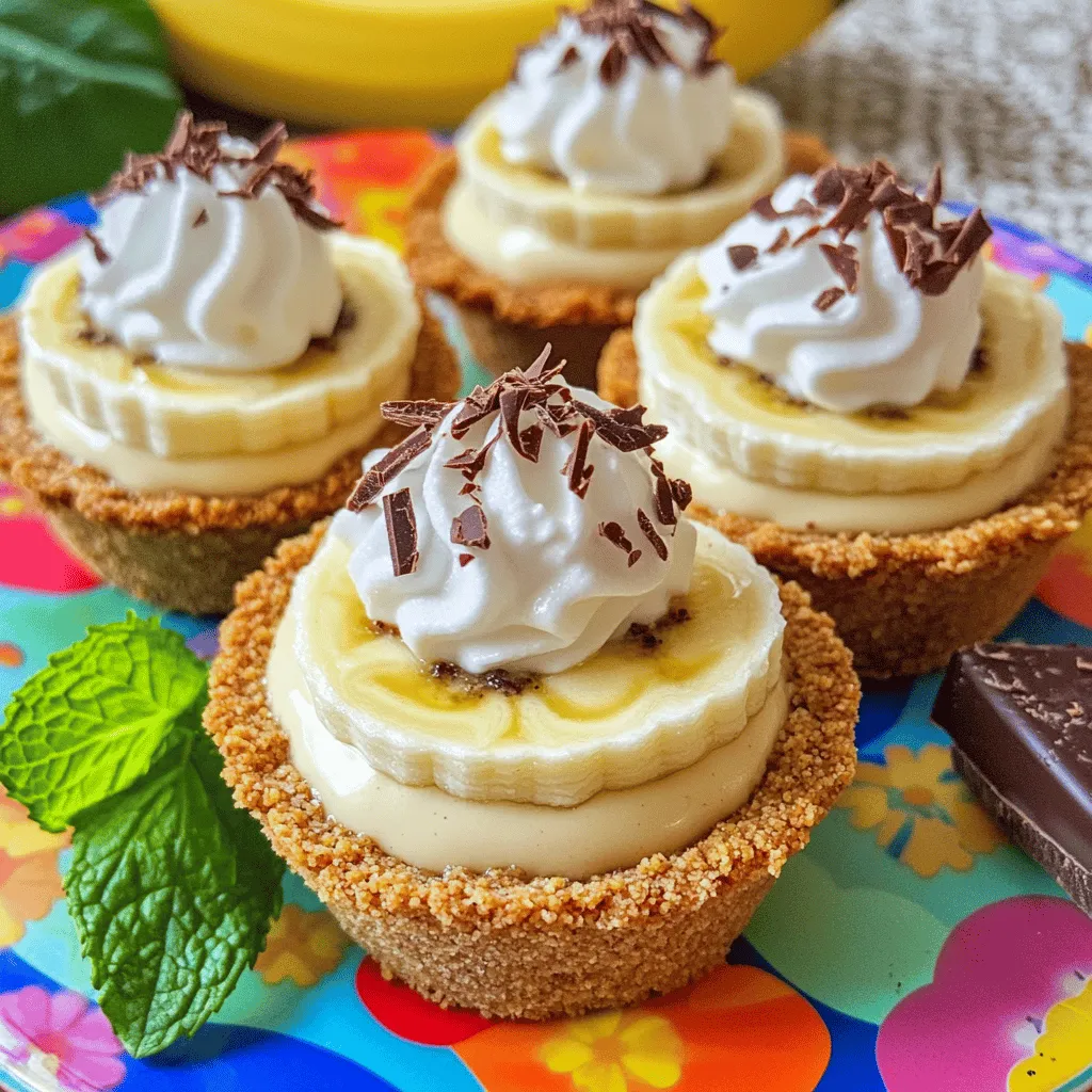 To make No-Bake Mini Banana Cream Pies, gather these items: - 1 cup graham cracker crumbs - 4 tablespoons unsalted butter, melted - 2 tablespoons granulated sugar - 2 ripe bananas, sliced - 1 cup vanilla pudding mix - 2 cups whole milk - 1 teaspoon vanilla extract - 1 cup whipped topping (store-bought or homemade) - Chocolate shavings or cocoa powder for garnish
