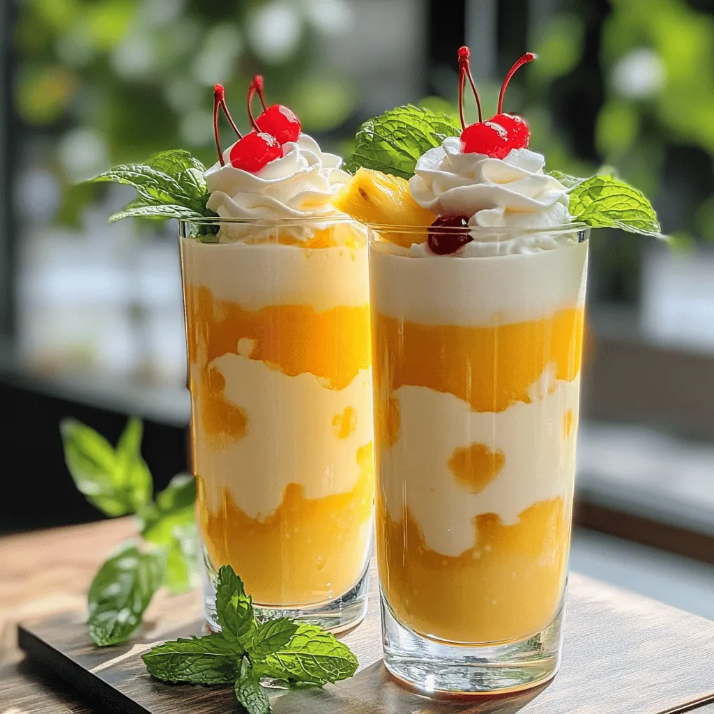 To make this delightful drink, you need the following key ingredients: - 2 cups pineapple juice - 1/2 cup coconut milk - 1/4 cup vanilla yogurt - 1/4 cup crushed pineapple (drained) - 2 tablespoons brown sugar - 1/2 teaspoon vanilla extract - Whipped cream for topping - Maraschino cherries for garnish - Fresh mint leaves for garnish
