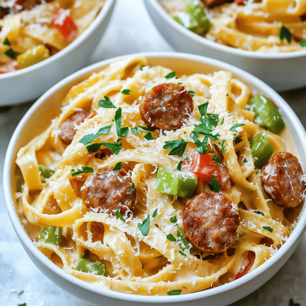- 12 oz fettuccine pasta - 1 cup heavy cream - 1 cup grated Parmesan cheese - 8 oz smoked sausage, sliced - 2 tablespoons Cajun seasoning - 2 tablespoons olive oil - 3 cloves garlic, minced - 1 small onion, finely chopped - 1 red bell pepper, diced - 1 green bell pepper, diced - 1 cup chicken broth - Salt and pepper to taste - Fresh parsley, chopped for garnish