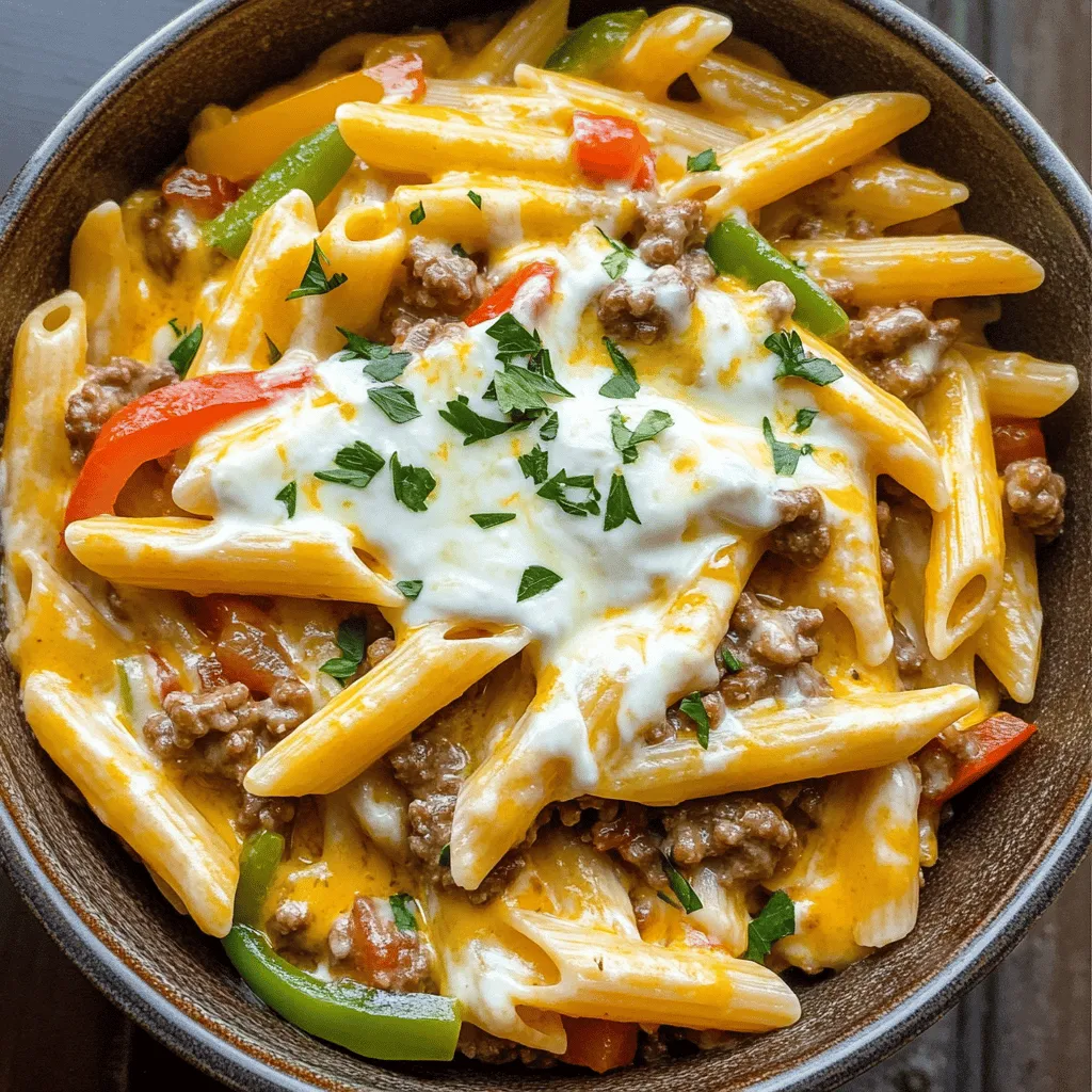 To make One-Pot Philly Cheesesteak Pasta Skillet, you need simple ingredients. First, 8 ounces of penne pasta serves as the base. Next, use 1 tablespoon of olive oil to sauté the veggies. You will need 1 medium onion and 2 bell peppers, one red and one green, all sliced thin. For protein, choose 1 pound of lean ground beef or diced steak. You also need 2 cloves of minced garlic, 1 teaspoon of Worcestershire sauce, and 1 teaspoon of Italian seasoning. Don
