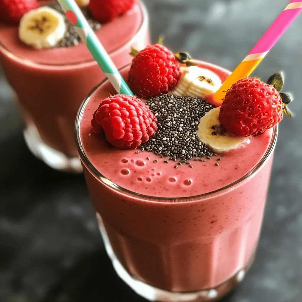 - 1 cup fresh strawberries, hulled and halved - 1/2 cup fresh raspberries - 1 ripe banana, sliced - 1 cup unsweetened almond milk (or milk of choice) - 1 scoop vanilla protein powder - 1 tablespoon chia seeds - 1 tablespoon honey or maple syrup (optional) - 1/2 cup ice cubes