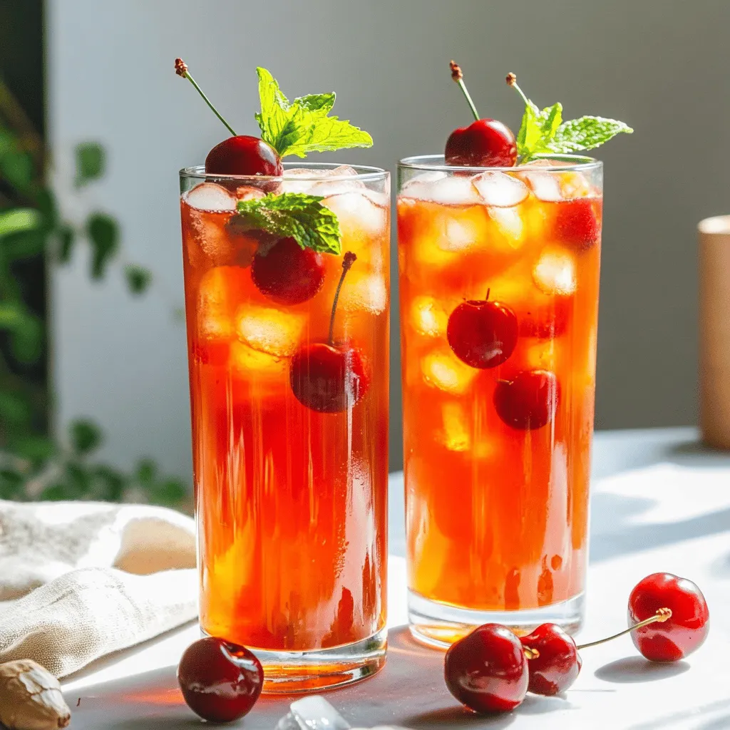 You need a few key ingredients for the cherry iced tea recipe. First, use 4 cups of water. It is best to have fresh ingredients for the best taste. You will also need 2 tablespoons of fresh ginger, grated. Fresh ginger gives a strong flavor. Next, use 2 cups of fresh or frozen cherries, pitted. Cherries add sweetness and color to your drink.