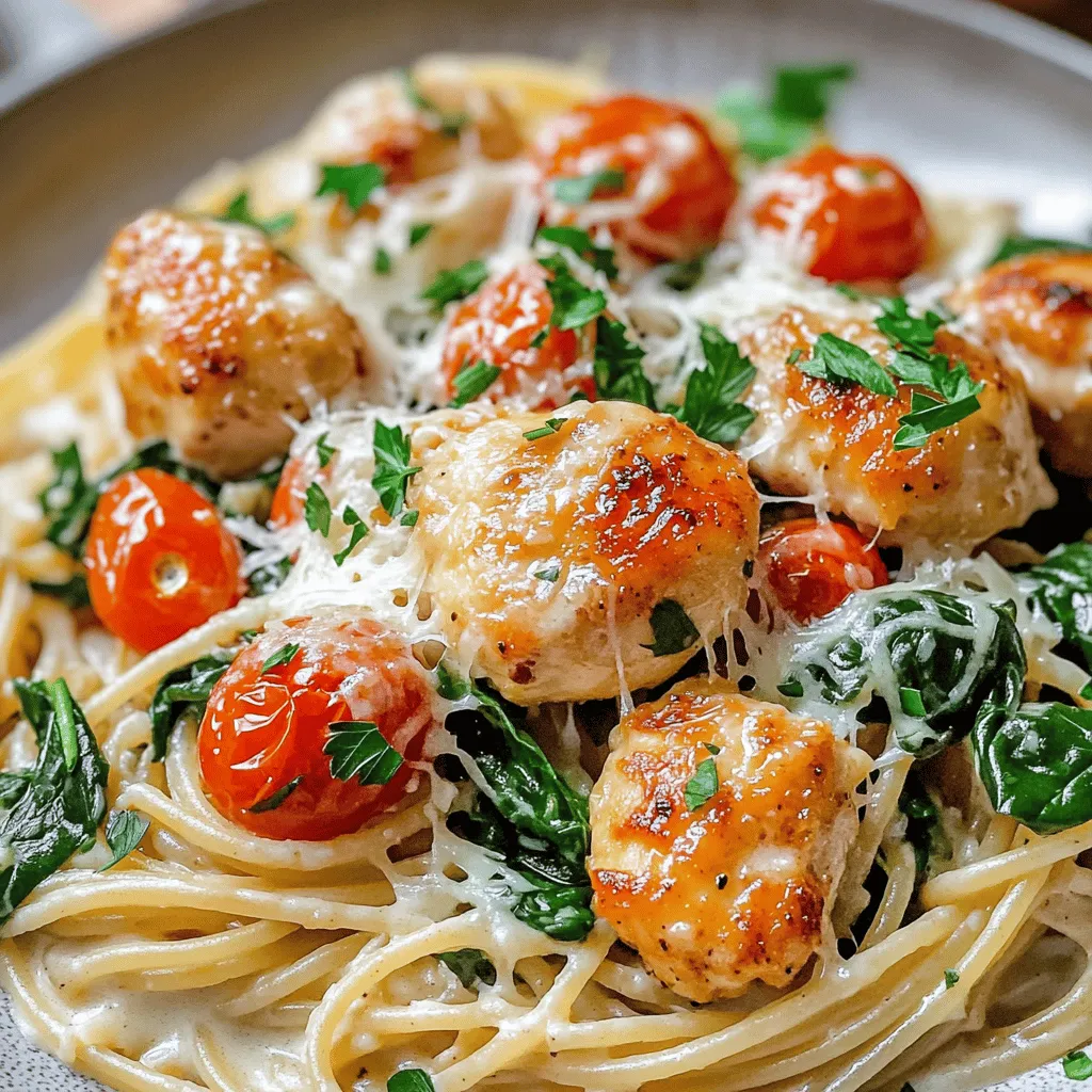 - 1 pound boneless, skinless chicken breasts - 4 tablespoons unsalted butter - 4 cloves garlic, minced - 1 teaspoon Italian seasoning - Salt and pepper to taste - 1 cup cherry tomatoes, halved - 2 cups spinach leaves - 8 ounces spaghetti or fettuccine pasta - 1 cup grated Parmesan cheese - 2 tablespoons fresh parsley, chopped