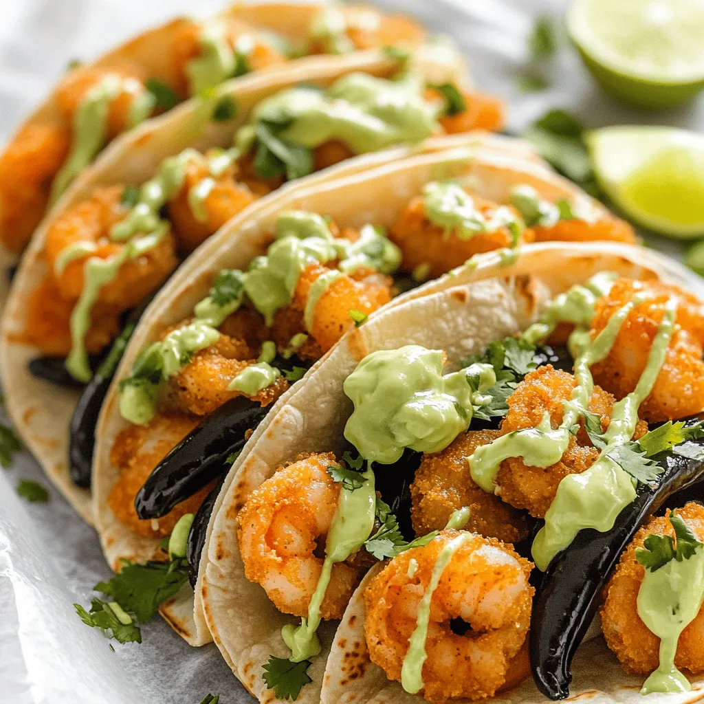 When making crispy shrimp tacos, you need fresh, high-quality ingredients. The key items include shrimp, poblano peppers, and tortillas. Let