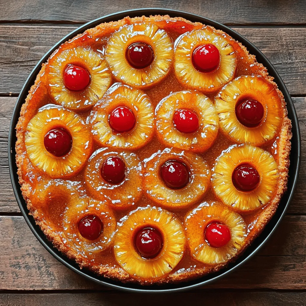 To make a delightful pineapple upside-down cake, gather these ingredients: - 1 can (20 oz) pineapple slices in juice, drained (reserve juice) - 1/2 cup brown sugar - 1/4 cup unsalted butter, melted - 1/2 teaspoon ground cinnamon - 1 maraschino cherry for each pineapple slice - 1 1/2 cups all-purpose flour - 1 cup granulated sugar - 2 teaspoons baking powder - 1/2 teaspoon salt - 1/2 cup unsalted butter, softened - 1/2 cup reserved pineapple juice - 1 teaspoon vanilla extract - 3 large eggs