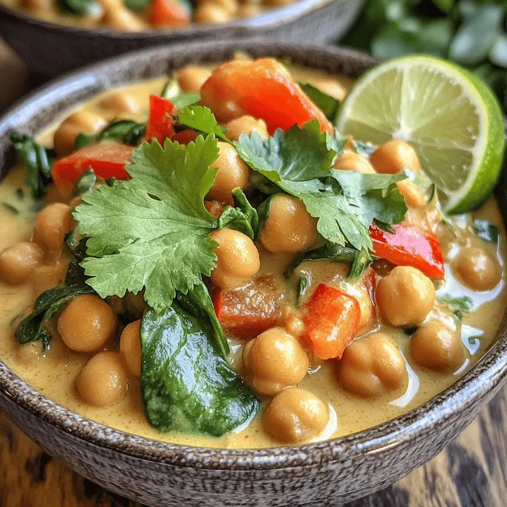 The savory chickpea coconut curry needs a few key ingredients. First, you need one can of chickpeas. They add protein and texture. Next, use coconut oil for cooking. It brings a rich, tropical flavor. You will also need a medium onion, three garlic cloves, and a piece of ginger. These ingredients create a strong base for the dish. Curry powder and ground turmeric give the curry its distinct color and taste. A can of coconut milk adds creaminess, while vegetable broth helps balance the flavors. Finally, include a bell pepper, fresh spinach, salt, and pepper for seasoning. Fresh cilantro is great for garnish. Serve this over cooked basmati rice or quinoa for a complete meal.