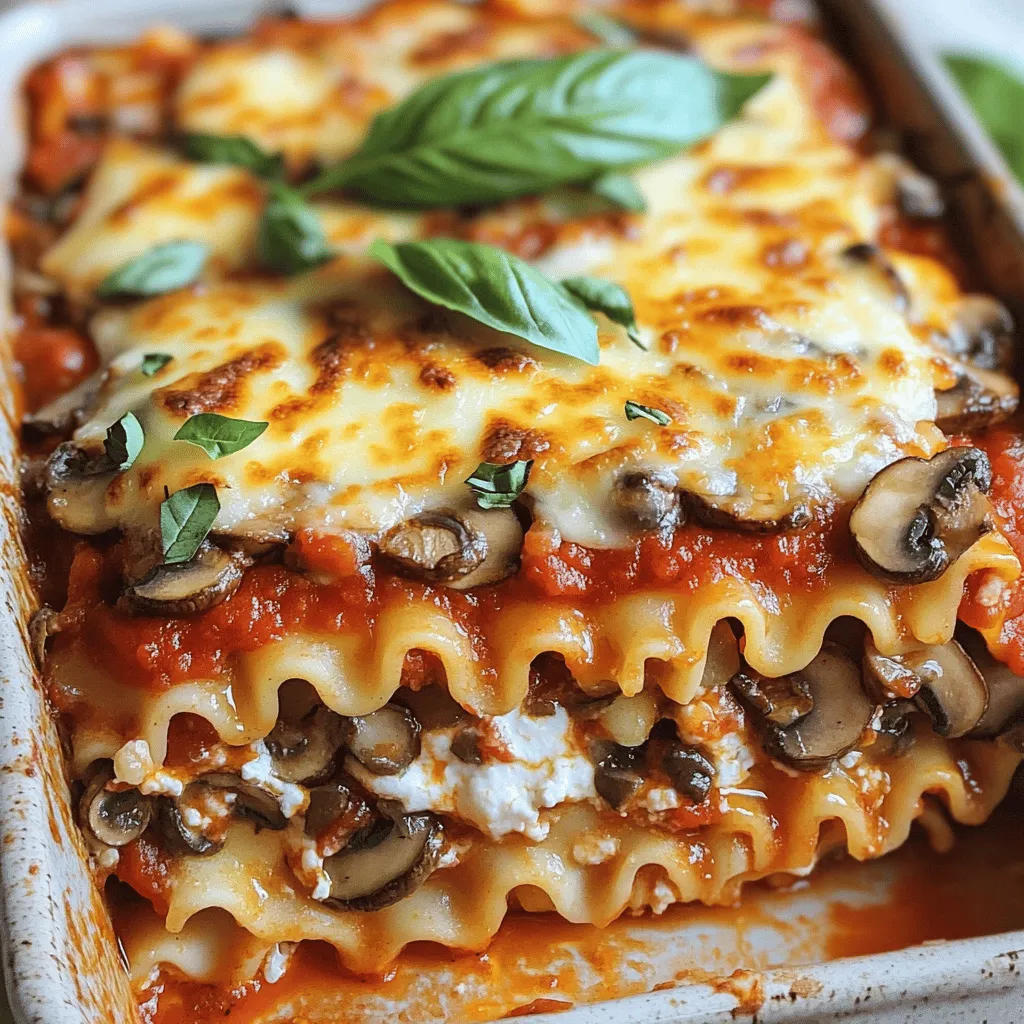 To make a great mushroom lasagna, you need a few key items. First, you need 9 lasagna noodles. You can use store-bought or homemade. Next, you need olive oil, onion, garlic, and mushrooms. I suggest using 16 oz of button and cremini mushrooms for the best flavor. You also need dried thyme, dried oregano, salt, and pepper. For the cheese, gather ricotta, mozzarella, and Parmesan. Finally, you will need 2 cups of marinara sauce. This mix creates a rich mushroom lasagna recipe.