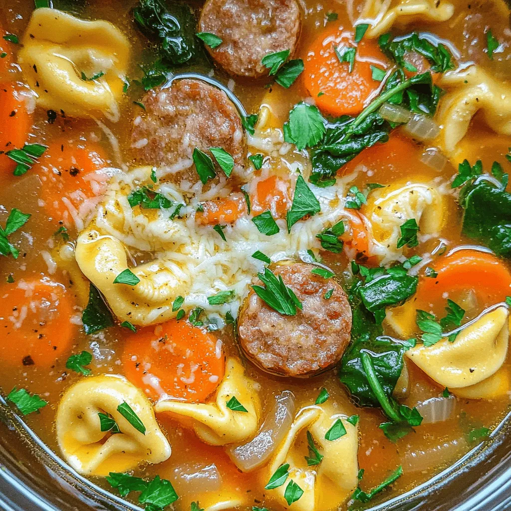 The main ingredients for sausage tortellini soup are simple yet full of flavor. You will need Italian sausage, onion, garlic, chicken broth, and diced tomatoes. These ingredients create a rich base for your soup.