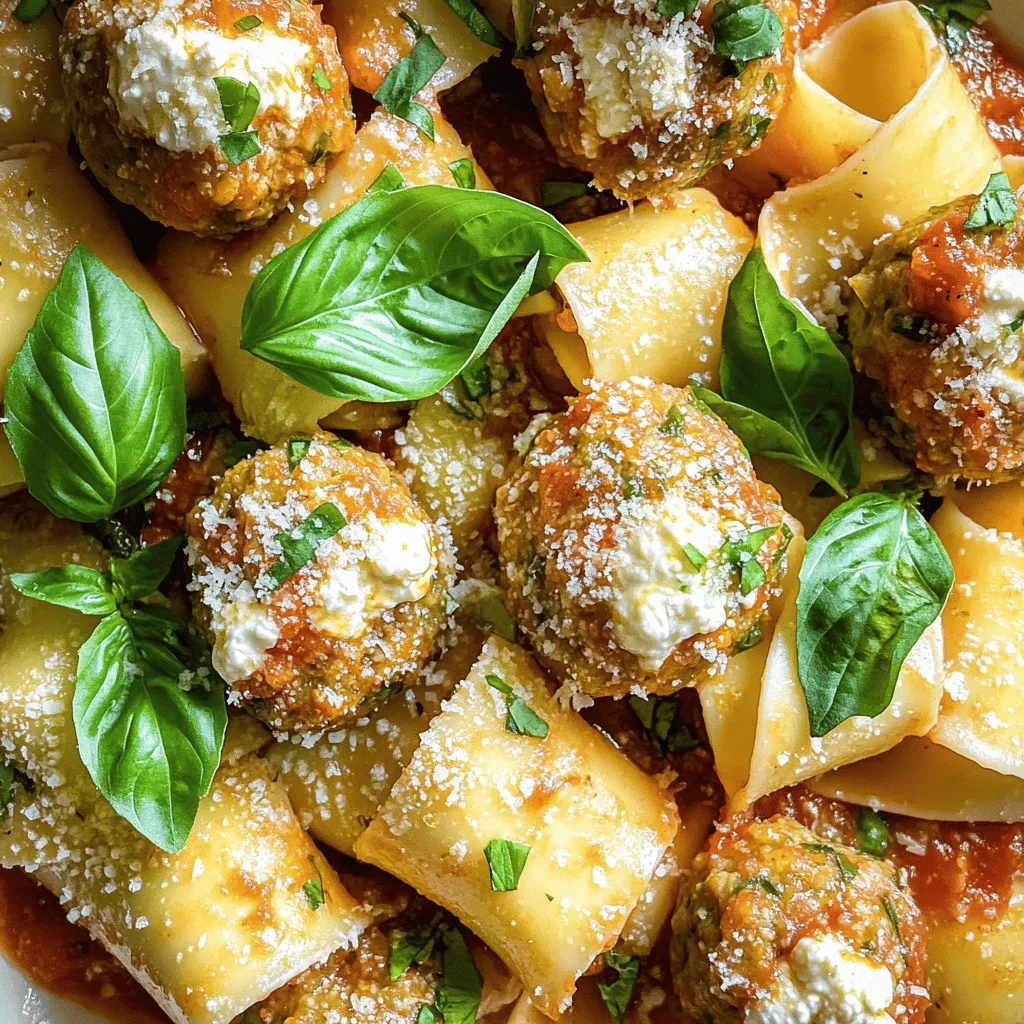 For this dish, we need several simple yet tasty ingredients. First, we use 8 oz of pappardelle pasta. This wide pasta holds sauce well and gives a great bite. Next, we mix 1 lb of ground beef and 1/2 lb of ground pork. This meat duo adds rich flavor and texture to the meatballs.