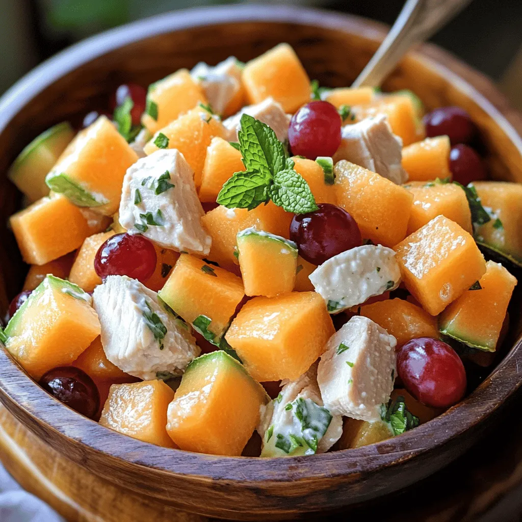 To make Patty’s Turkey Melon Salad, you need a few key ingredients. First, take 2 cups of cooked turkey breast, diced into small pieces. This provides protein and flavor. You will also need one medium cantaloupe and one medium honeydew melon, peeled, seeded, and cubed. These melons add sweetness and freshness. Next, add 1/2 cup of red grapes, halved, for a juicy explosion. A 1/4 cup of finely diced red onion gives a nice crunch. For the dressing, use 1/3 cup of Greek yogurt, 2 tablespoons of fresh lime juice, and 1 tablespoon of honey. Finally, season with salt and pepper to taste, and add 1/4 cup of chopped fresh mint leaves for a burst of color and flavor. This mix of turkey salad ingredients makes the dish light and vibrant.
