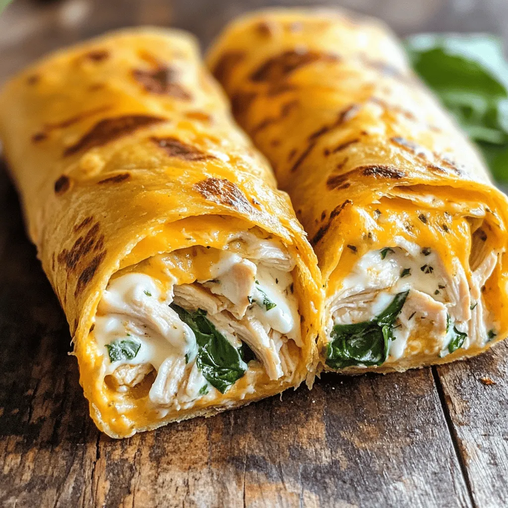 To make Cheesy Garlic Chicken Wraps, you need some key ingredients: - 2 cups cooked chicken, shredded - 1 cup cream cheese, softened - 1 cup shredded mozzarella cheese - 2 tablespoons garlic, minced - 1 teaspoon onion powder - 1 teaspoon dried Italian herbs (oregano, basil, or thyme) - 4 large flour tortillas - 1 cup spinach or arugula - Salt and pepper to taste - 1 tablespoon olive oil