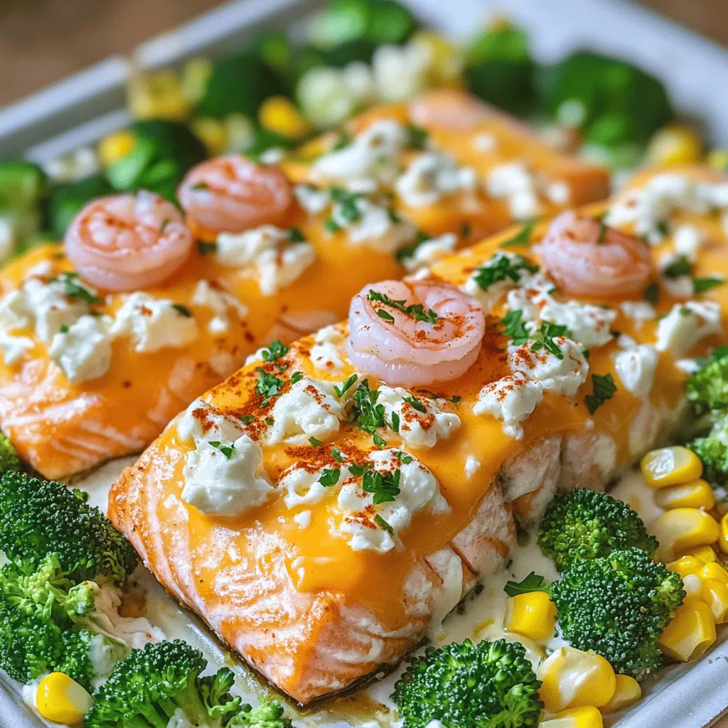 Salmon, Shrimp, Cheesy Broccoli with Corn Delight