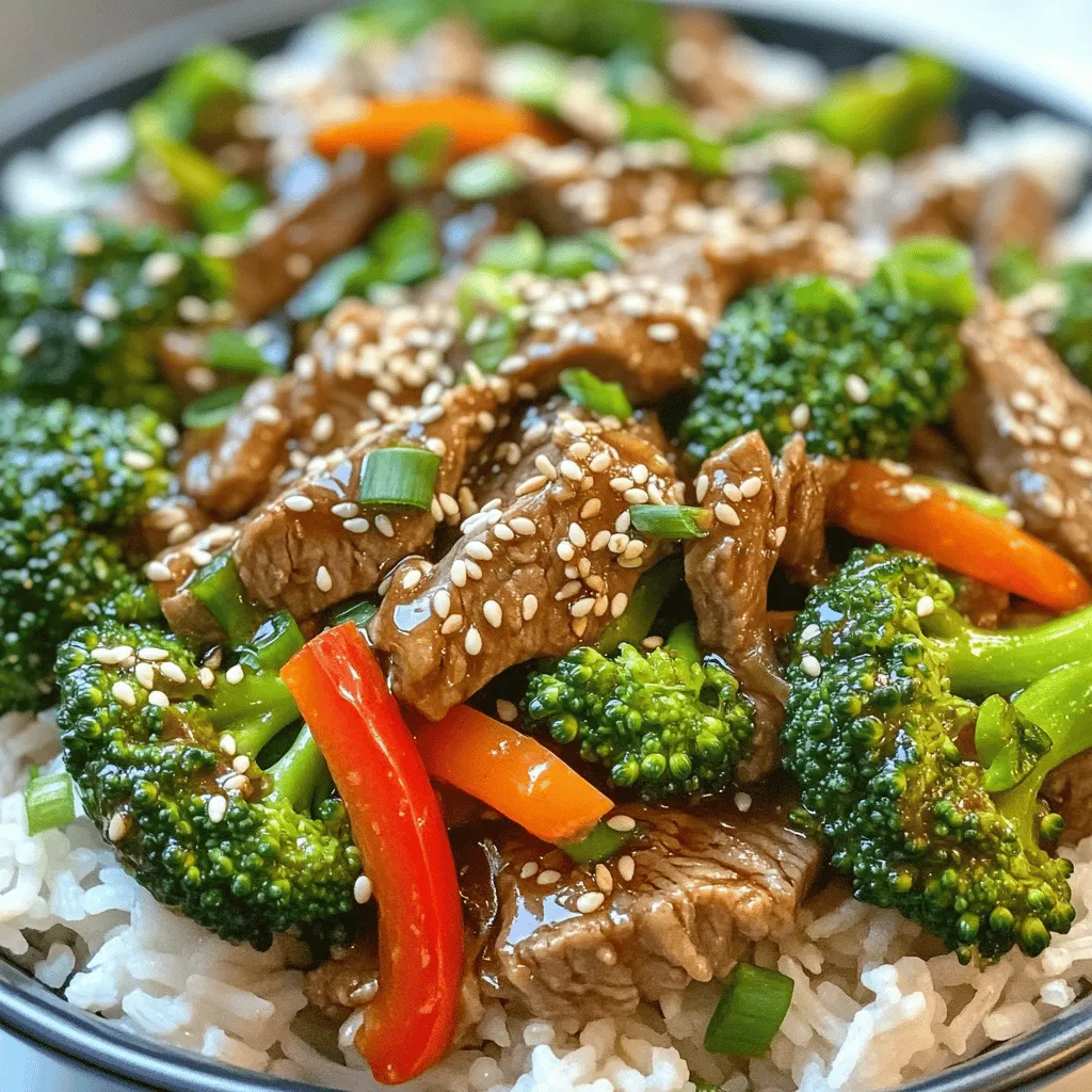 - 1 lb (450g) beef sirloin, thinly sliced - 4 cups broccoli florets - 1 red bell pepper, thinly sliced