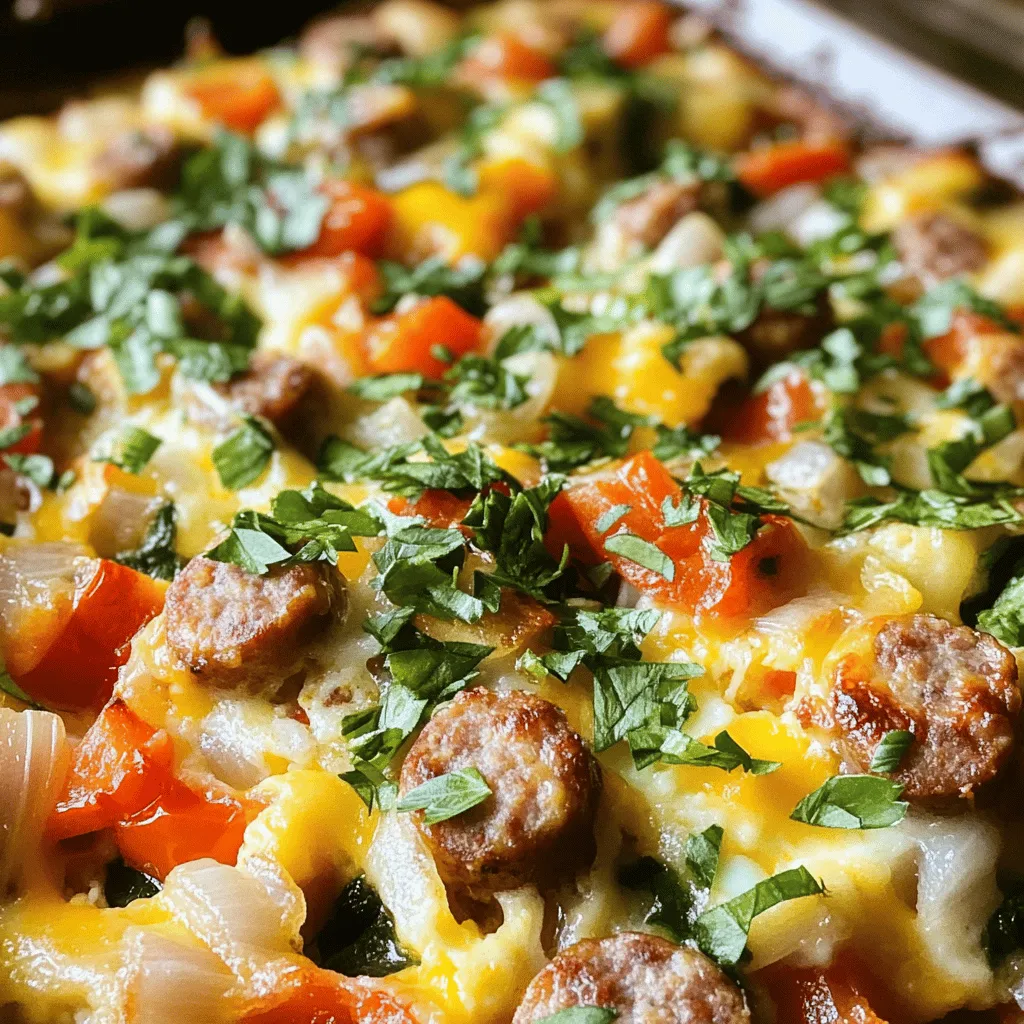 - 1 pound breakfast sausage (pork or turkey) - 1 medium onion, diced - 1 red bell pepper, diced - 1 cup fresh spinach, roughly chopped - 8 large eggs - 1 cup milk (whole or 2%) - 1 teaspoon garlic powder - 1 teaspoon paprika - 1/2 teaspoon salt - 1/2 teaspoon black pepper - 2 cups shredded cheddar cheese - 1 cup diced tomatoes (fresh or canned, drained) - Fresh herbs for garnish (optional, such as parsley or chives)