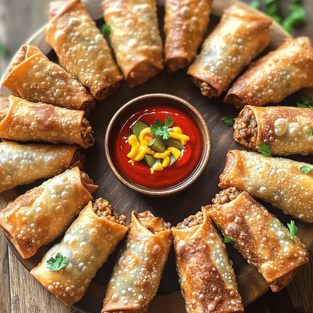 - 1 pound ground beef - 1 cup cheddar cheese, shredded - 12 egg roll wrappers