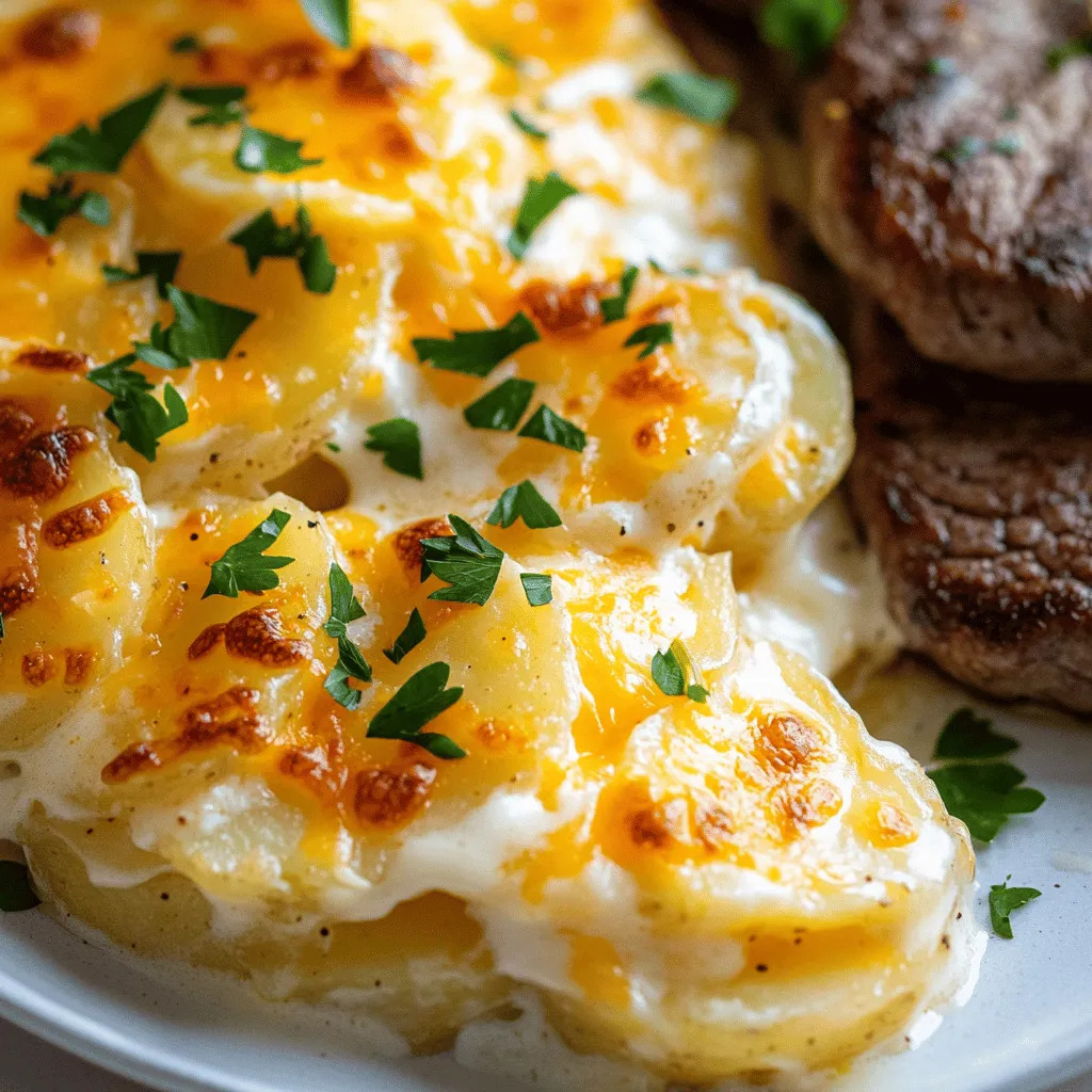 To make scalloped potatoes with savory beef cutlets, you need fresh ingredients. For the scalloped potatoes, gather 4 large russet potatoes, 2 cups of heavy cream, and 2 cups of sharp cheddar cheese. You