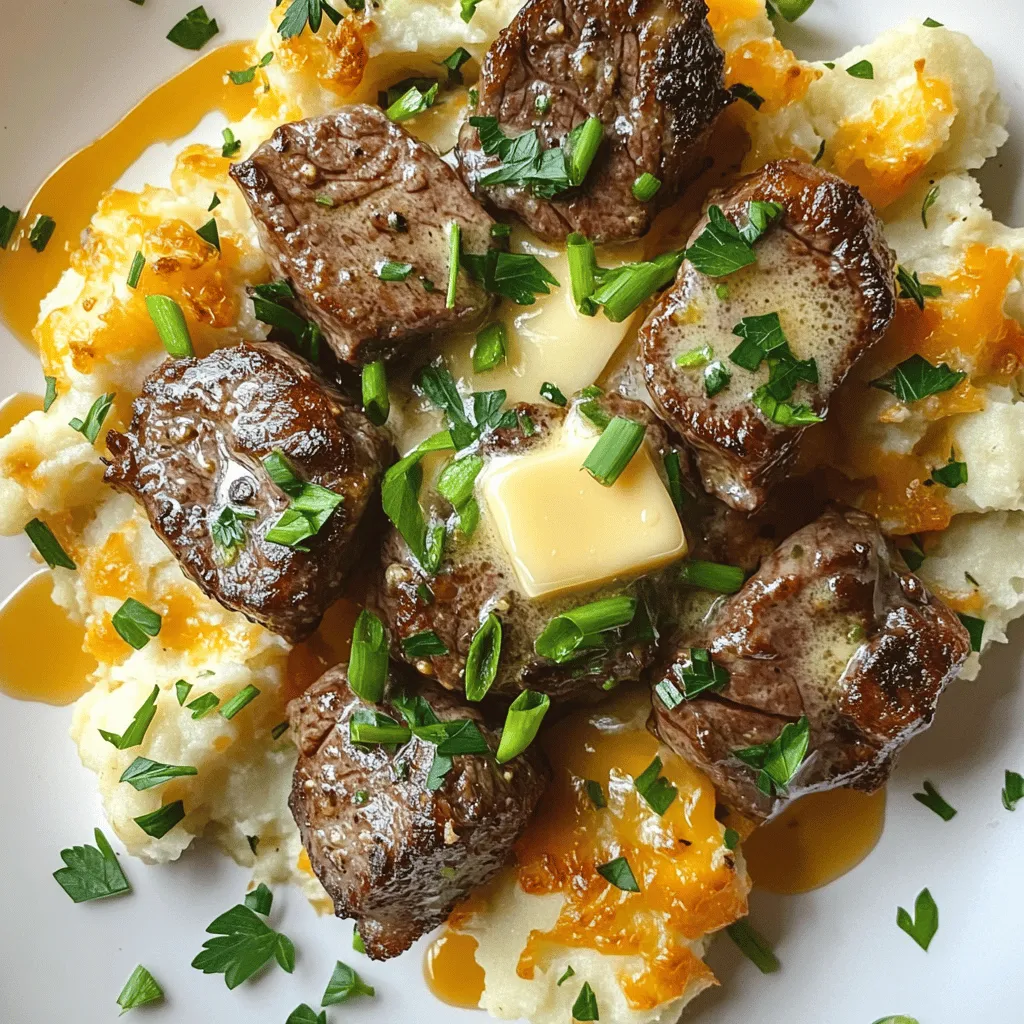 Garlic Butter Steak Bites and Cheesy Smashed Potatoes Delight