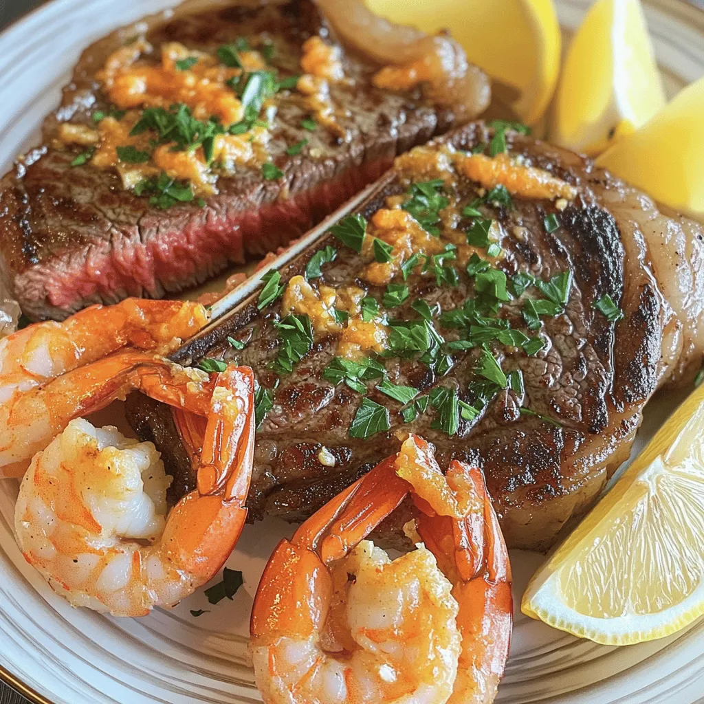 To make this dish, you need a few key ingredients. These will help you create rich flavors. Here’s what you’ll need: - 2 ribeye steaks (about 1 inch thick) - 12 large shrimp, peeled and deveined - 4 tablespoons unsalted butter - 4 cloves garlic, minced - 1 teaspoon smoked paprika - 1 teaspoon dried oregano - Salt and black pepper to taste - 1 tablespoon fresh parsley, chopped (for garnish) - 1 lemon, cut into wedges (for serving)
