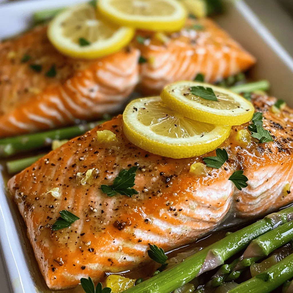 - 4 salmon fillets (skin-on, about 6 oz each) - 4 tablespoons unsalted butter - 4 cloves garlic, minced - Juice and zest of 1 large lemon - 2 tablespoons fresh parsley, chopped - 1 teaspoon dried oregano - Salt and pepper to taste - Lemon slices, for garnish