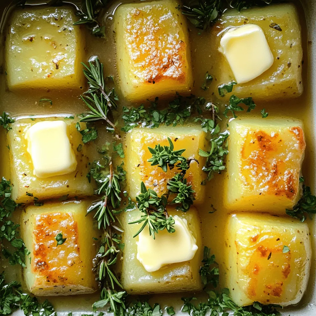 - 4 medium Yukon Gold potatoes, peeled - 4 tablespoons unsalted butter - 2 tablespoons olive oil - 3 cloves garlic, crushed - 1 teaspoon fresh rosemary, chopped - 1 teaspoon fresh thyme, chopped - 1 cup vegetable broth - Salt and pepper to taste - Fresh parsley, for garnish