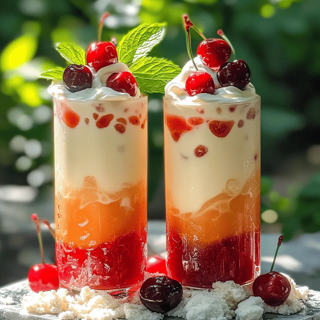 To make Cherry Italian cream sodas, you need a few key ingredients. The main ingredient is cherry syrup. You can use store-bought cherry syrup or make homemade cherry syrup. Next, you need club soda for that fizzy kick. Heavy cream adds richness and a creamy texture. Vanilla extract enhances the flavor. Crushed ice keeps the drink cold. Fresh cherries make a lovely garnish, and whipped cream adds a sweet touch. You can also add mint leaves for a fresh twist.