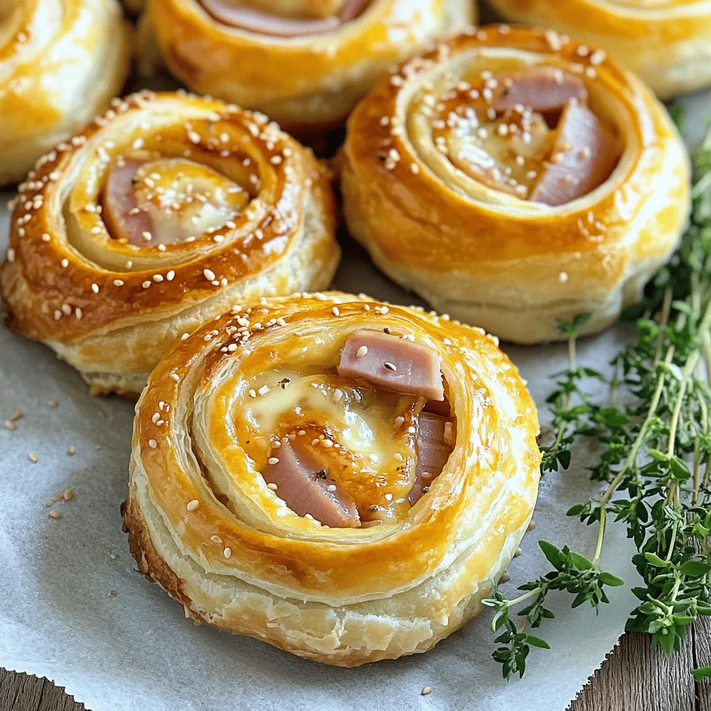 - Puff pastry (1 sheet, thawed) - Ham (6 ounces, sliced) - Cheese (6 ounces, shredded, cheddar or Swiss)