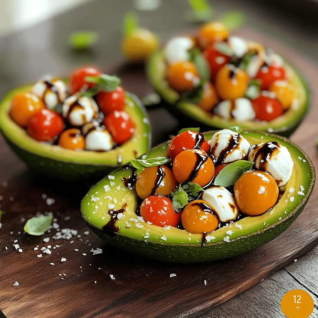 - 2 ripe avocados - 1 cup cherry tomatoes, halved - 1 cup fresh mozzarella balls (bocconcini) - 1/4 cup fresh basil leaves, chopped - 2 tablespoons balsamic glaze - 1 tablespoon olive oil - Salt and pepper to taste