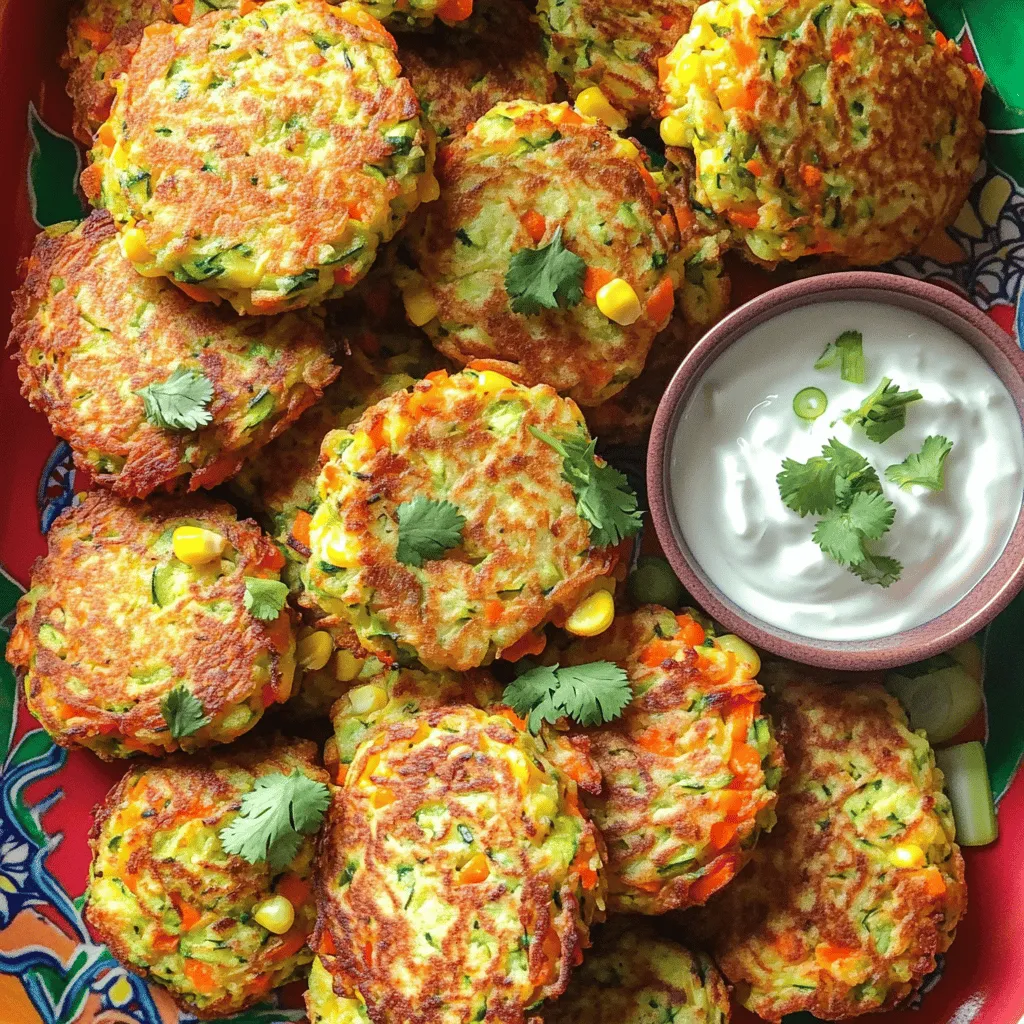 For delicious veggie fritters, you need: - 1 cup grated zucchini (excess moisture squeezed out) - 1 cup grated carrots - 1 cup corn kernels (fresh or frozen) - 1/2 cup red bell pepper, finely diced - 1/4 cup green onion, chopped - 1/2 cup chickpea flour (besan) - 1/2 teaspoon baking powder - 1 teaspoon garlic powder - 1 teaspoon cumin powder - Salt and pepper to taste - 2 tablespoons fresh cilantro or parsley, chopped - Olive oil for frying