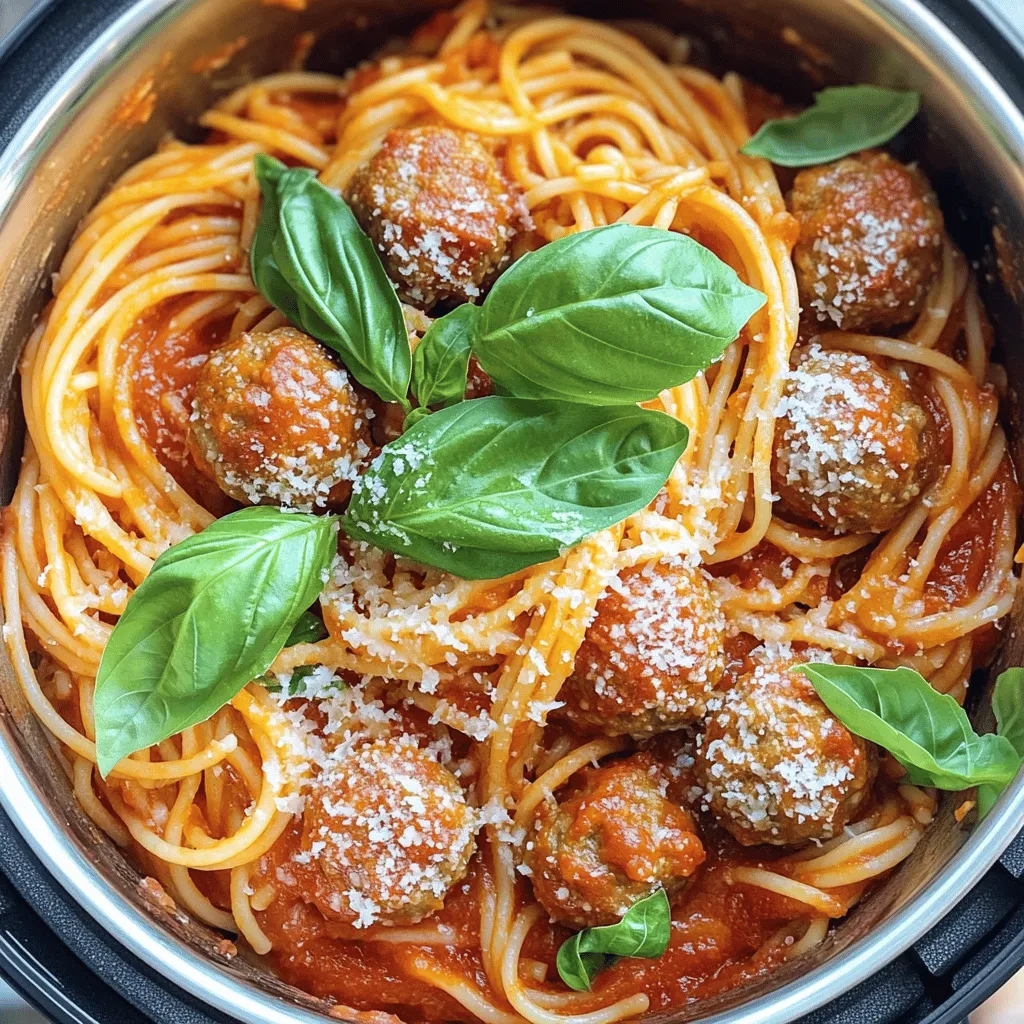 You need a few key items to make this dish. Here’s what you will need: - 1 pound ground beef or turkey - 1/2 cup breadcrumbs - 1/4 cup grated Parmesan cheese - 1 large egg - 2 cloves garlic, minced - 1 teaspoon Italian seasoning - Salt and pepper to taste - 2 tablespoons olive oil - 4 cups marinara sauce (about one 28-ounce jar) - 12 ounces spaghetti (uncooked) - 3 cups water - Fresh basil leaves for garnish