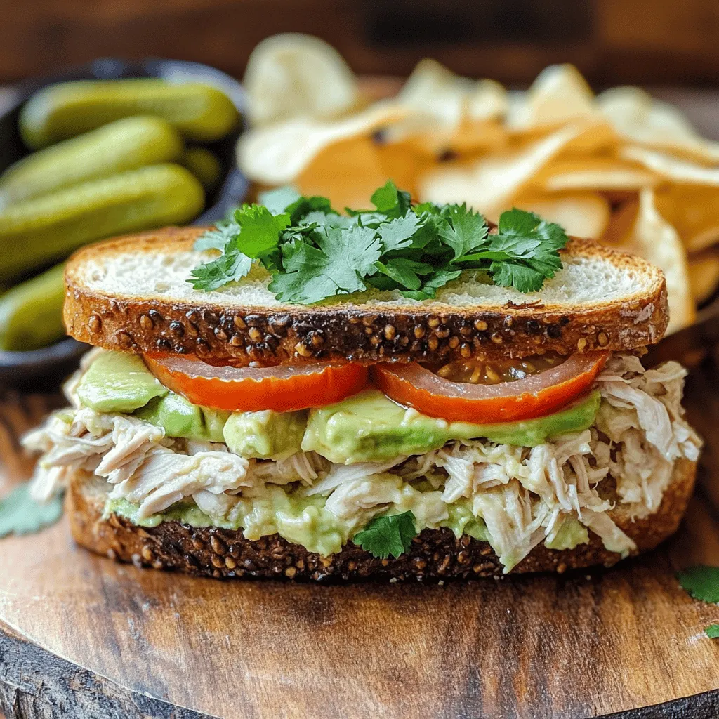 - 2 cups cooked chicken, shredded - 1 ripe avocado, mashed - 4 slices of whole grain bread