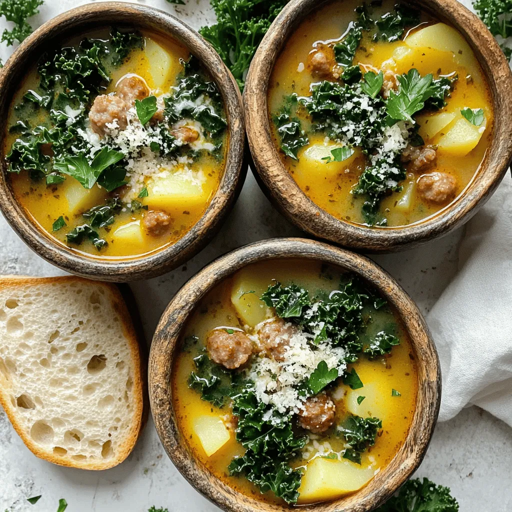 Zuppa Toscana is a warm and creamy Italian soup. It uses simple yet rich ingredients. The main ingredient is Italian sausage, which adds a savory depth. You can choose mild or spicy sausage based on your taste. Next, chopped onions and minced garlic build a base of flavor.