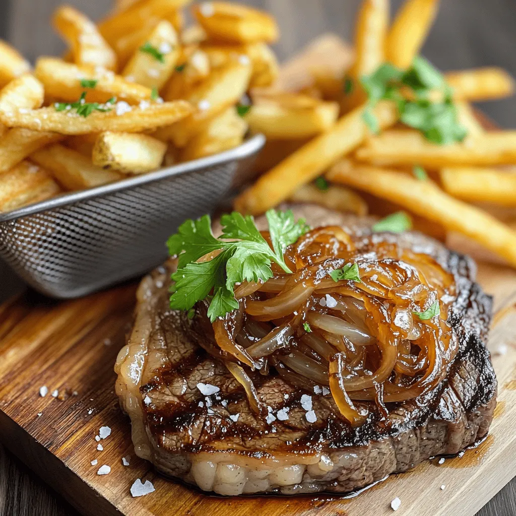 Ribeye Steak with French Onions and French Fries Delight