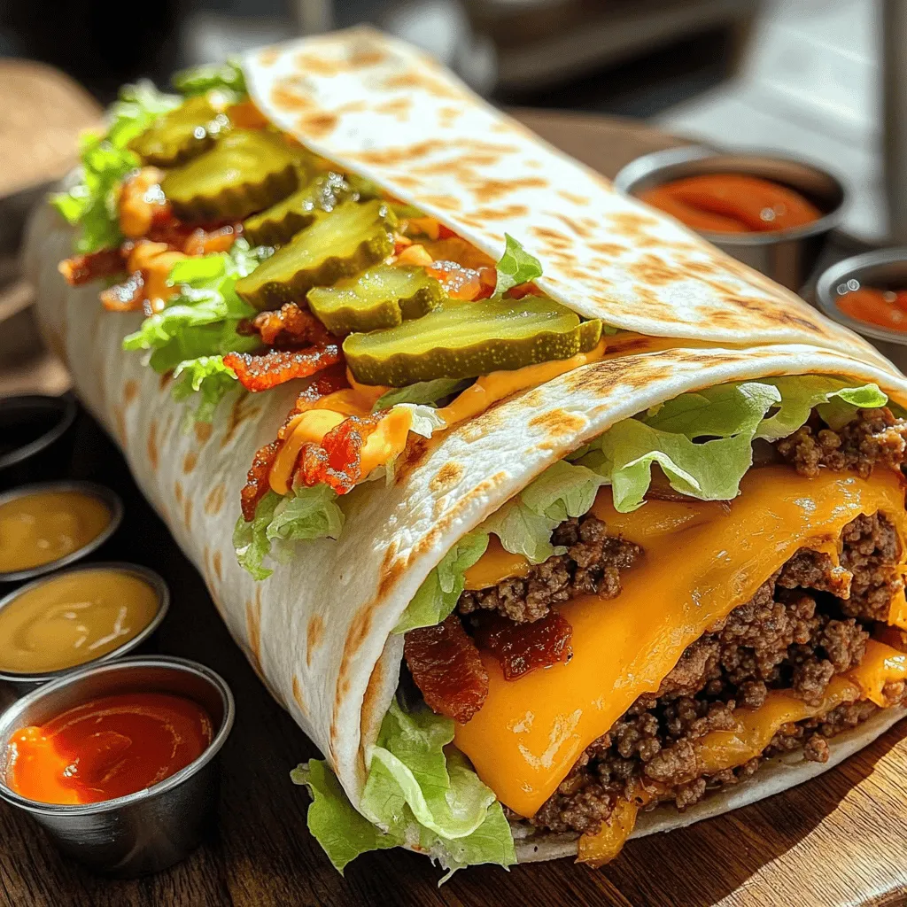To make a huge bacon cheeseburger burrito, you need some key ingredients. The star of the show is ground beef. You want one pound for a hearty filling. Next, use six slices of bacon, cooked and crumbled. This adds a nice crunch and smoky flavor.