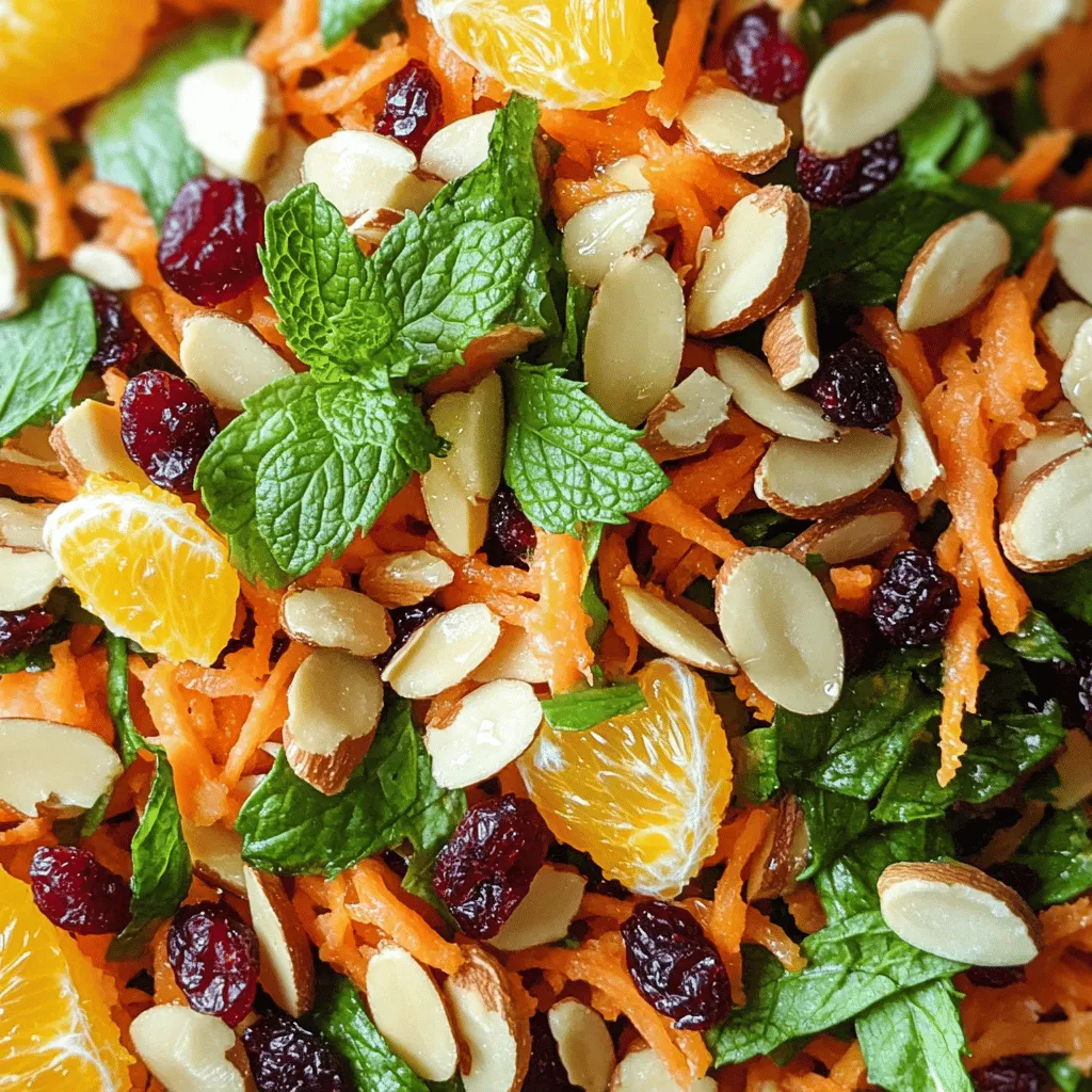 - 4 large carrots, peeled and grated - 1 cup orange segments (fresh or canned) - 1/2 cup dried cranberries - 1/4 cup sliced almonds (toasted)