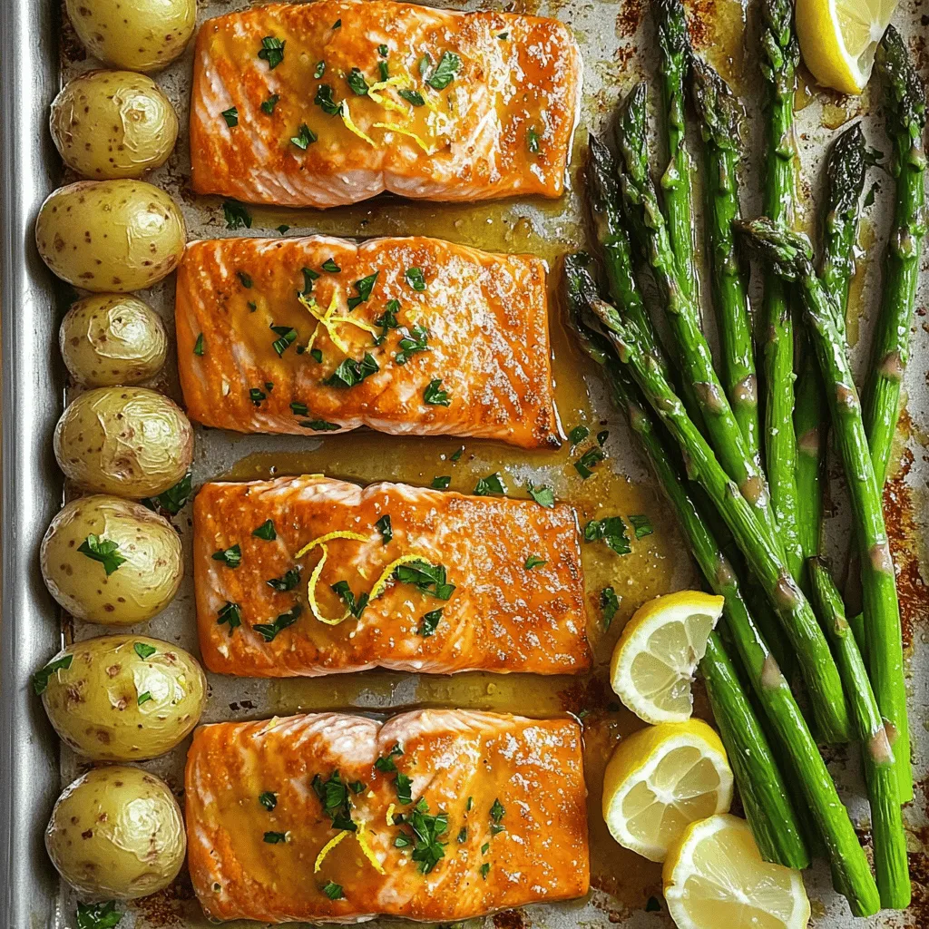 To make the sheet pan salmon recipe, gather these main ingredients. You need four salmon fillets, each about six ounces. A bunch of asparagus is also essential, trimmed for cooking. For the crispy potatoes recipe, you will need one pound of baby potatoes, halved for even cooking. Olive oil, garlic, paprika, lemon zest, and lemon juice add flavor. Finally, don